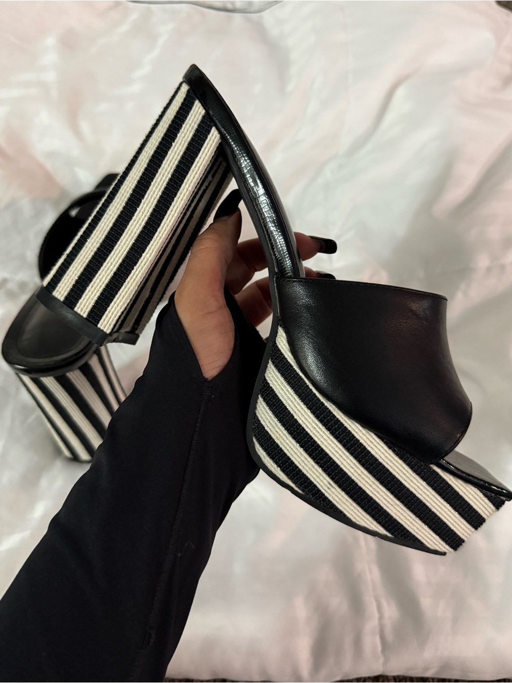 Black Platform Stripe-Block Heel Mule